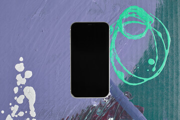 Blank black cell phone screen with colorful abstract background. Smartphone product template with a...