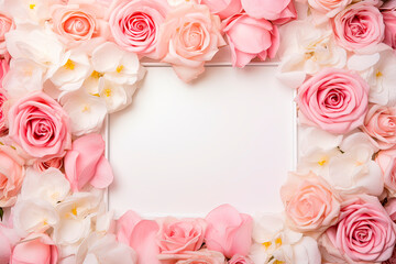 Fototapeta na wymiar white and rose roses flowers and empty frame mockup.Copy space