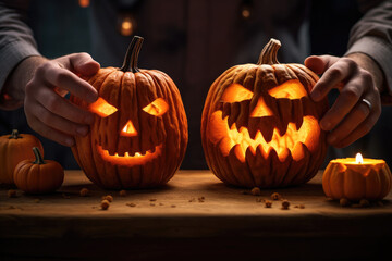 Halloween night. Candle lit Halloween Pumpkins. Halloween Backdrop with spooky pumpkins. Post-processed generative AI