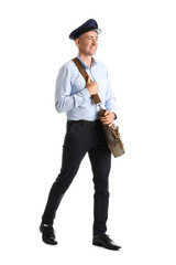Mature postman on white background