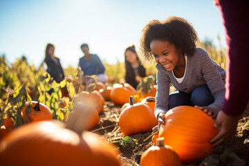 Fototapeta Black Family picking pumpkins on an autumn sunny day, big beautiful pumpkin, go pick pumpkins, pumpkin patch obraz