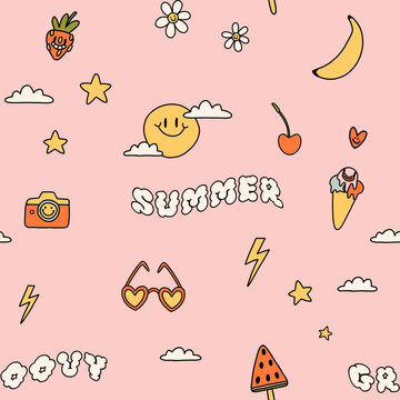 Groovy bright  and fun summer seamless pattern in retro style. Cute pink yellow colors and funny summer youth elements. Vintage trendy vibe for your wrapping paper, textile, clothes design collection
