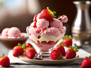  Summer gourmet dessert fresh strawberry ice cream sundae, macaroons, coffee beans, pistachio nuts and chocolate served in bowls in a wide angle banner, Generative AI