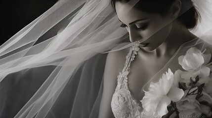 Beautiful bride in wedding luxury dress.Fashion photo. Black and white created with Generative AI technology