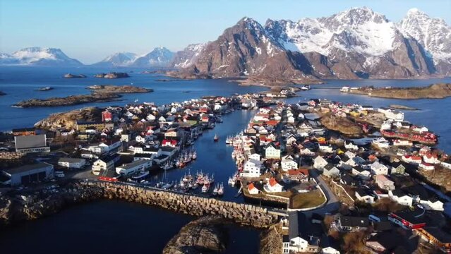 The most beautiful landscape of Lofoten Island, Norway. Aerial Drone
