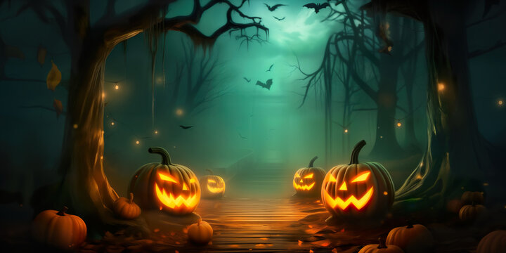 Halloween concept Card Party Pumpkins In Graveyard render 3d