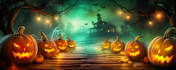 Halloween concept Card Party Pumpkins In Graveyard render 3d