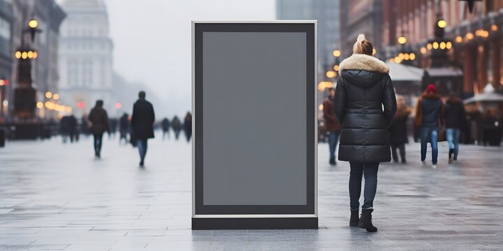 display blank clean screen or signboard mockup for offers or advertisement in public area with people walking