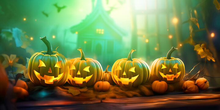 Halloween concept Card Party Pumpkins In Graveyard render 3d