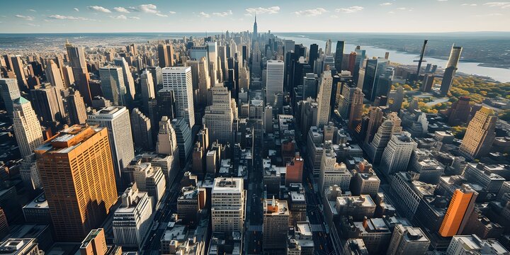 eye view image of a bustling cityscape New York city from above, providing a unique perspective on daily life, Sony A7, 35 mm lens, F22, Kodak Ektar 100, photorealistic, detail