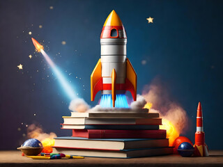 Toy rocket launching from books stack, Beautiful abstract illustrations on a bokeh background, Education and Business Sartup Concept, Generative AI