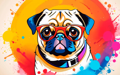 Cute pug dog with sunglasses on colorful background. Generative AI.