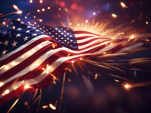 USA American flag on fireworks display background patriotic design new quality universal colorful joyful memorial independence day holiday stock image illustration, Generative AI