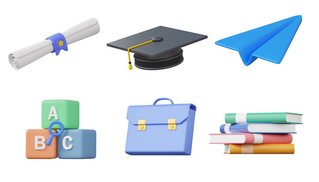 Minimal cartoon elements set 3D icon, diploma, graduation, paper plane, abc, schoolbag, stack book, education learning concept. isolated. 3d rendering illustration