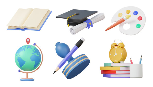 Minimal cartoon elements set 3D icon education, open book, diploma, palette paintbrush, earth, stamp, alarm clock, student education learning invention target future. 3d render illustration