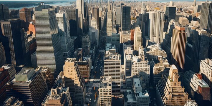 eye view image of a bustling cityscape New York city from above, providing a unique perspective on daily life, Sony A7, 35 mm lens, F22, Kodak Ektar 100, photorealistic, detail