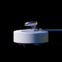 3d render levitating neodymium magnet. A levitating magnet over a superconductor filled with liquid nitrogen
