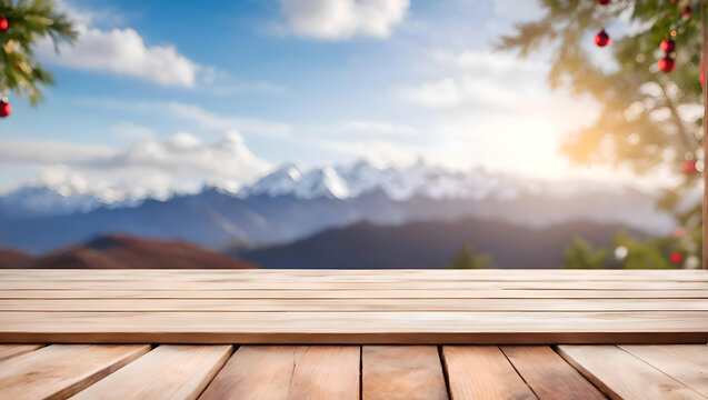 Wooden Terrace the blurred and Christmas background. Wood white table top perspective in front of natural in the sky with light and mountain blur background image for product display, Generative AI