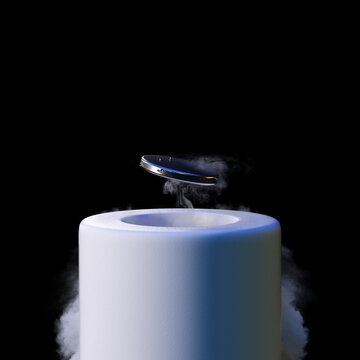 3d render levitating neodymium magnet. A levitating magnet over a superconductor filled with liquid nitrogen