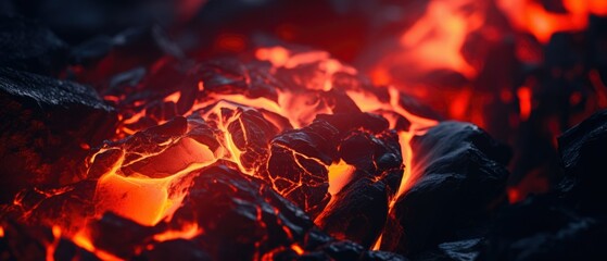 Molten lava flow over solidified black magma rocks, searing red hot, extreme heat, burning flames and dangerous conditions to avoid - generative AI