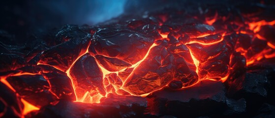 Fototapeta na wymiar Molten lava flow over solidified black magma rocks, searing red hot, extreme heat, burning flames and dangerous conditions to avoid - generative AI