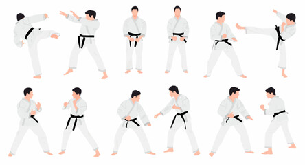 set of Karate people vector illustration. Karate player in different action pose. Combat skill for self defense. flat vector illustration. 