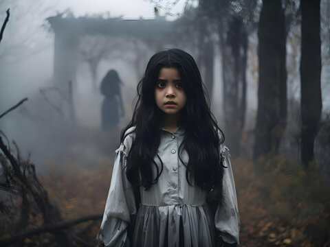 A frightening ghost girl with faded eyes and black hair stands alone among the withered foliage against a ruined wall, surrounded by fog. Horror film, thriller. Halloween, Generative AI