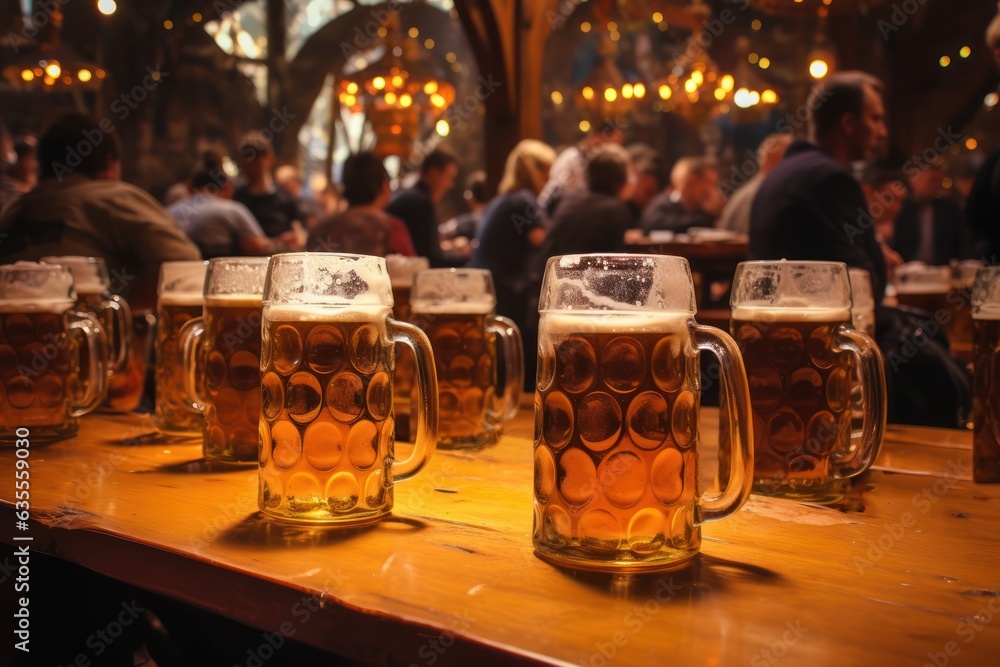 Wall mural Oktoberfest, munich. Beer mugs on table, People drinking beer and having fun, tent interior.