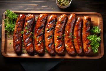 Grilled sausages plate closeup view. Bavarian sausages top view