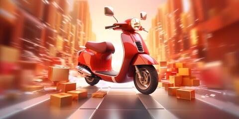 Fast delivery concept with scooter coming with packages through the smartphone screen 3D Rendering, 3D Illustration