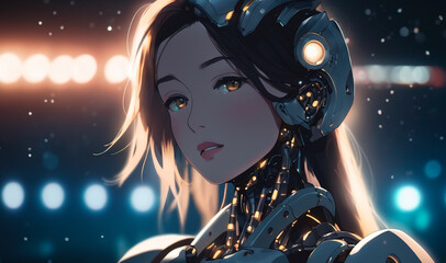 Close-up portrait of a beautiful cyber woman in futuristic costume. Generative AI.