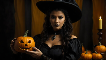  European witch woman wearing black costume and Halloween makeup holding carved pumpkin,  Generative AI