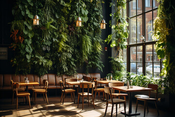Fototapeta na wymiar Vertical gardening in the caffe or restaurant. Loft interior style. 