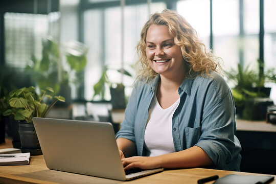 Happy plus size caucasian casual businesswoman using laptop at desk in office.
