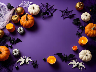 Obraz na płótnie Canvas Halloween decorations on purple background. Happy Halloween concept. Flat lay pumpkins, bony hands, bats silhouettes, spiders, Empty copy space, Generative AI