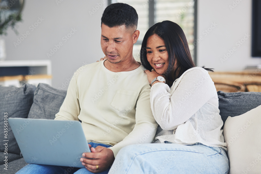 Sticker Relax, laptop and couple on a sofa in the living room doing online shopping together at home. Happy, love and young man and woman browsing on social media or the internet with computer at their house