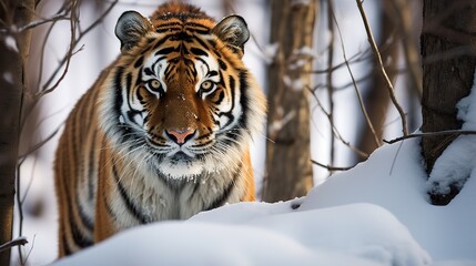 Fototapeta na wymiar The Amur tiger walks through the forest. Dangerous animal, taiga, Russia. A wild cat in its natural habitat. Generative AI