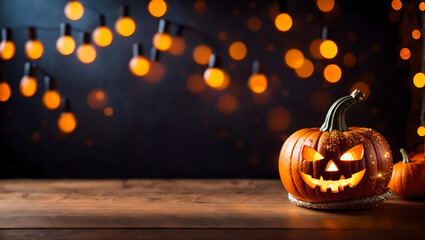 Halloween Pumpkin With Lights And Sparkle Bokeh Background. Empty copy space, Generative AI