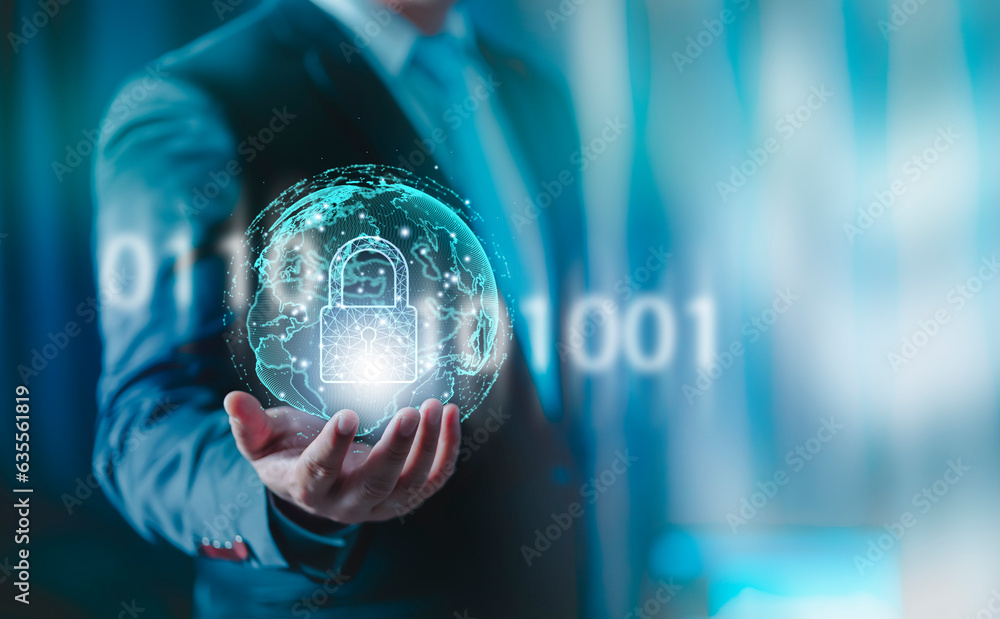 Poster security solution concept. businessman holding shield protect icon. protection network security comp