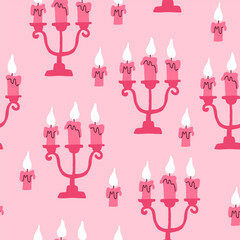 Chandelier with candles pink pattern. Romantic valentines day pattern on pink background. Vector illustration