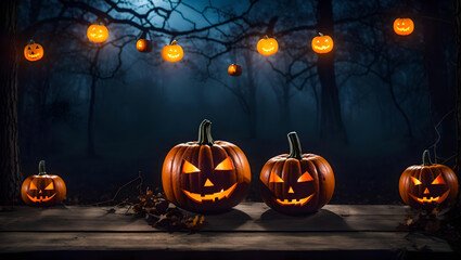 Halloween Pumpkins On Wood In A Spooky Forest At Night, Empty copy space, Celebration theme, copy space for text. Ideal for product placement, Generative AI