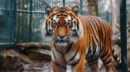 Obraz premium The Amur tiger walks through the forest. Dangerous animal, taiga, Russia. A wild cat in its natural habitat. Generative AI