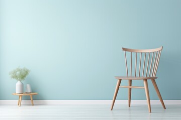 Minimalist a wooden chair in a Scandinavian living room mockup with a pastel blue background.