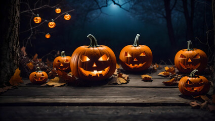 Halloween Pumpkins On Wood In A Spooky Forest At Night, Empty copy space, Celebration theme, copy space for text. Ideal for product placement, Generative AI