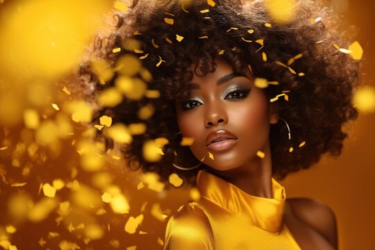 African American Woman In Yellow Dress On Yellow Sparkling Background.