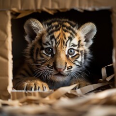 A tiger cub looks out of a cardboard box. a little predator. Generative AI