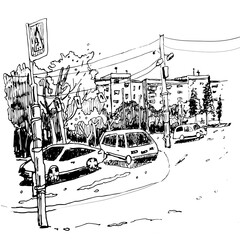 Sketch of the city with cars  in the parking lot. Drawn by hand in liner