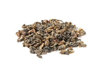 Heap of dry green tea on white background