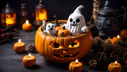 Horror spooky funny ghost in halloween pumpkin holiday season greeting night celebration party with toy prop decoration in top view flatlay and trick of treat festival concept, Generative AI