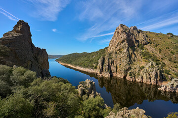 Mountain landscape in the Montfragüe National Park at River Tajo, Extremadura, Spain
